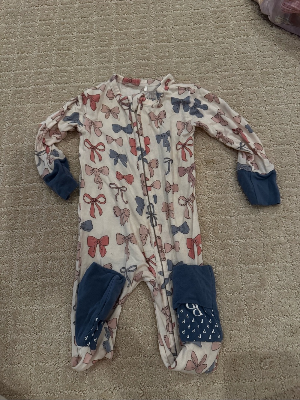 Posh Peanut Cream One-Piece Footie with Pink & Blue Bow Print